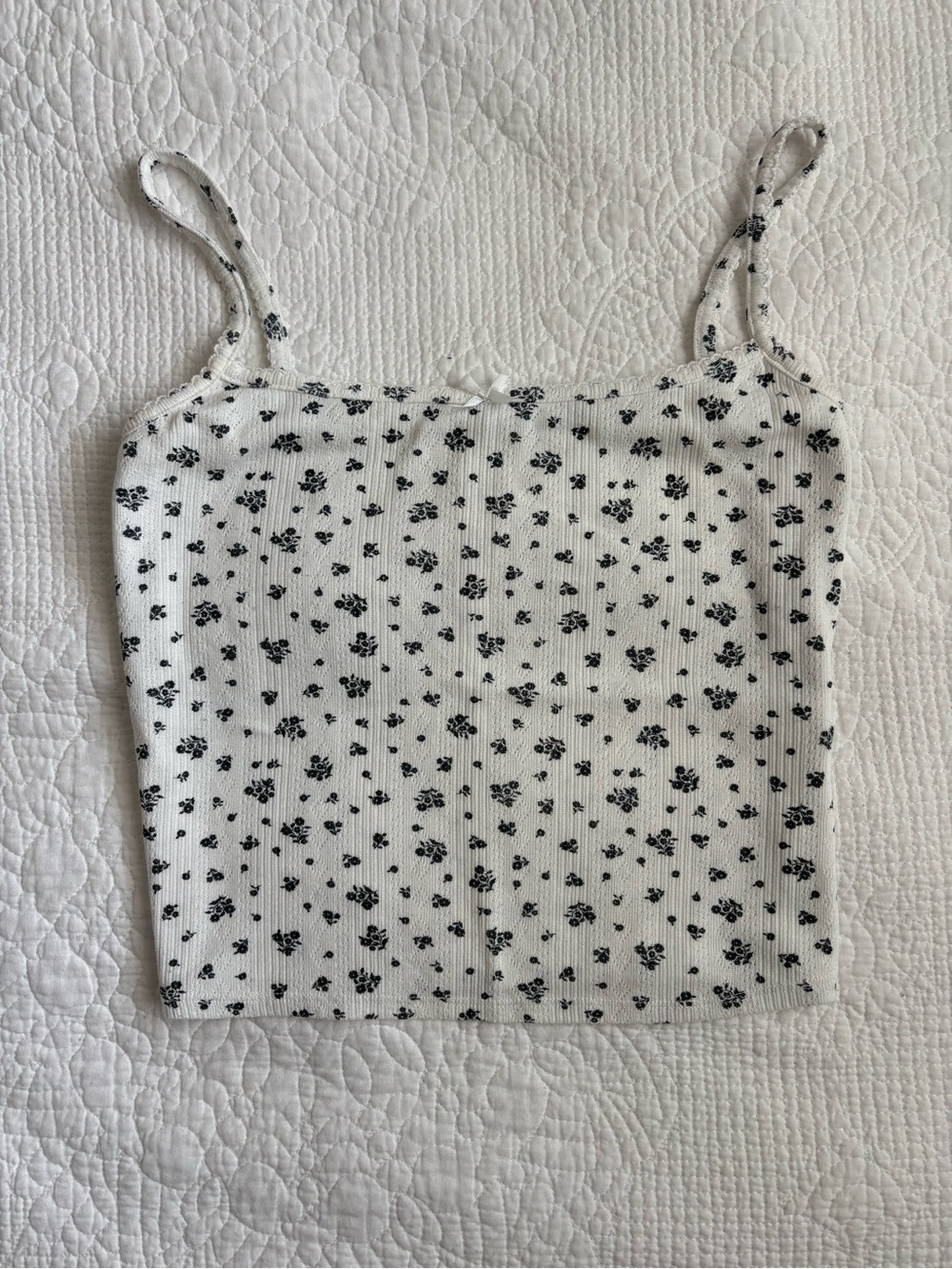 Garage White Ribbed Floral Spaghetti Strap Tank